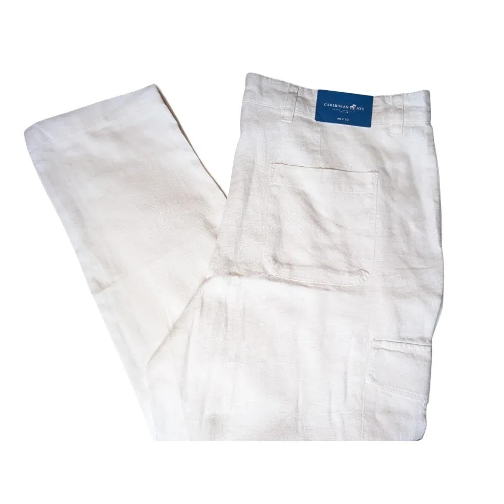 Caribbean Joe Men's White Linen Blend Cargo Pants Sz 40x30 NWT $